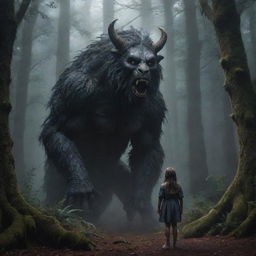 A brave young girl standing fearlessly in a mystical dark forest, with a large, protective mythical creature guarding by her side.