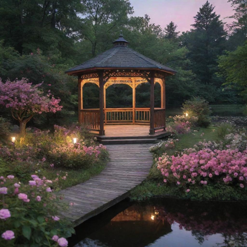 A picturesque midnight scene in a forest showcasing a gazebo, its roof adorned with flowers, situated on a lake. A path flanked by various flowers and verdant bushes leads to the gazebo, lit by dreamy pink lights.