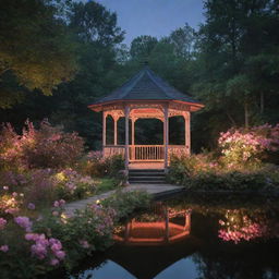 A picturesque midnight scene in a forest showcasing a gazebo, its roof adorned with flowers, situated on a lake. A path flanked by various flowers and verdant bushes leads to the gazebo, lit by dreamy pink lights.