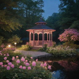 A picturesque midnight scene in a forest showcasing a gazebo, its roof adorned with flowers, situated on a lake. A path flanked by various flowers and verdant bushes leads to the gazebo, lit by dreamy pink lights.