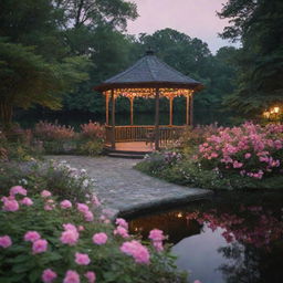 A picturesque midnight scene in a forest showcasing a gazebo, its roof adorned with flowers, situated on a lake. A path flanked by various flowers and verdant bushes leads to the gazebo, lit by dreamy pink lights.