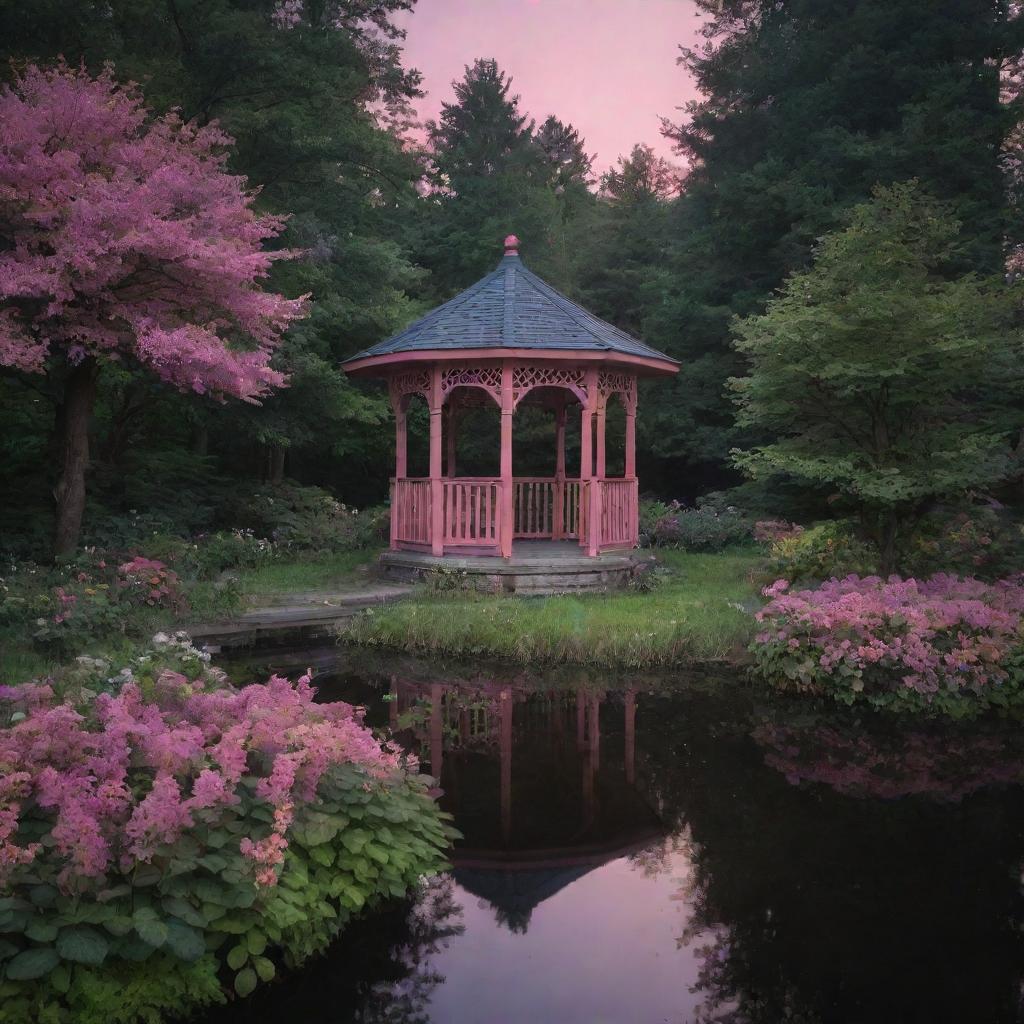 A naturally evolved, secluded midnight forest scene, featuring a gazebo in a lake, its roof blanketed with flowers. A path bordered by flowers and green bushes leads to the gazebo, all under a mysterious, yet comforting, pink glow in a significantly dark setting.