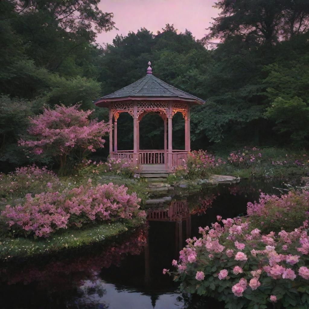 A naturally evolved, secluded midnight forest scene, featuring a gazebo in a lake, its roof blanketed with flowers. A path bordered by flowers and green bushes leads to the gazebo, all under a mysterious, yet comforting, pink glow in a significantly dark setting.