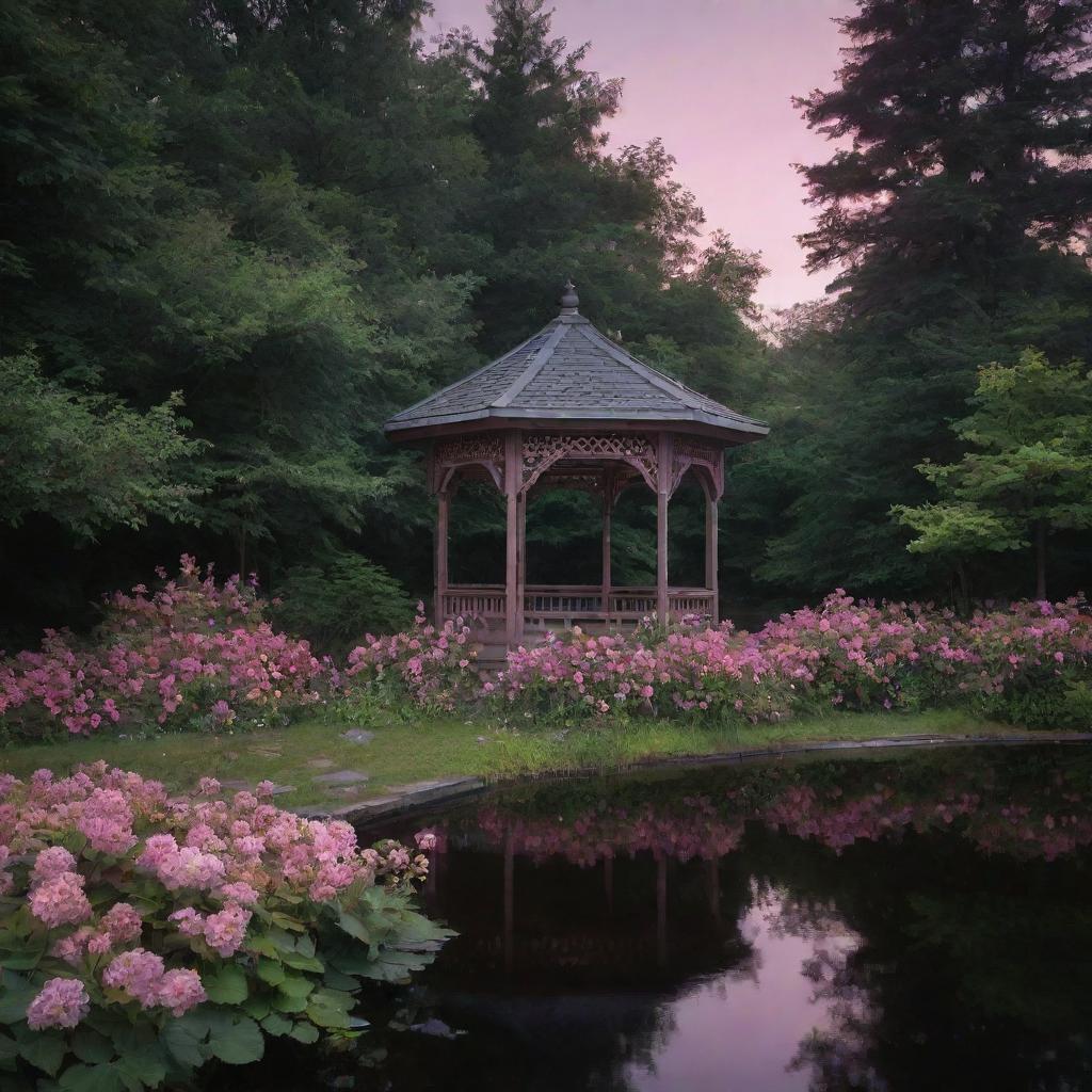 A naturally evolved, secluded midnight forest scene, featuring a gazebo in a lake, its roof blanketed with flowers. A path bordered by flowers and green bushes leads to the gazebo, all under a mysterious, yet comforting, pink glow in a significantly dark setting.