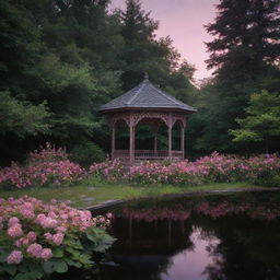 A naturally evolved, secluded midnight forest scene, featuring a gazebo in a lake, its roof blanketed with flowers. A path bordered by flowers and green bushes leads to the gazebo, all under a mysterious, yet comforting, pink glow in a significantly dark setting.