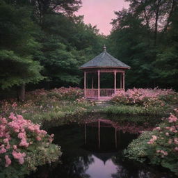 A naturally evolved, secluded midnight forest scene, featuring a gazebo in a lake, its roof blanketed with flowers. A path bordered by flowers and green bushes leads to the gazebo, all under a mysterious, yet comforting, pink glow in a significantly dark setting.