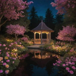 A fantastical Disney-like scene set in a dark midnight forest. A gazebo, its roof swaddled in flowers sitting in a lake. A path lined by flowers and green bushes leads towards it, bathed in a magical blend of pink and yellow lights.