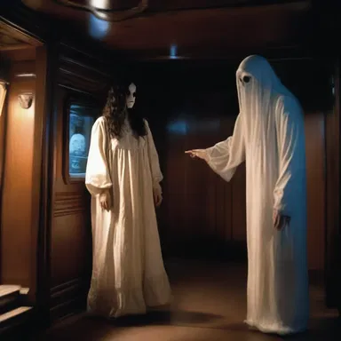 In the horror movie, the bo's'n encounters a mysterious ghostly figure while working on the ship.
