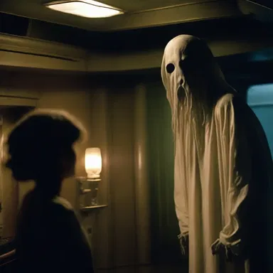 In the horror movie, the bo's'n encounters a mysterious ghostly figure while working on the ship.