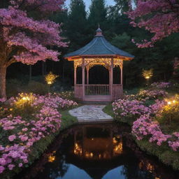 A fantastical Disney-like scene set in a dark midnight forest. A gazebo, its roof swaddled in flowers sitting in a lake. A path lined by flowers and green bushes leads towards it, bathed in a magical blend of pink and yellow lights.