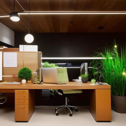 A modern and sleek office space with a blend of minimalistic and ergonomic furniture including a large wooden desk, comfortable office chair, stylish laptop, multiple monitors, indoor plants, and chic lighting fixtures.