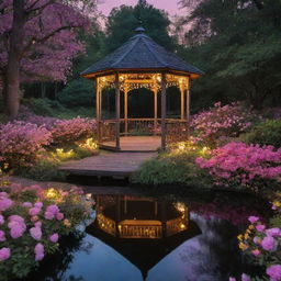 A fantastical Disney-like scene set in a dark midnight forest. A gazebo, its roof swaddled in flowers sitting in a lake. A path lined by flowers and green bushes leads towards it, bathed in a magical blend of pink and yellow lights.