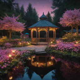 A fantastical Disney-like scene set in a dark midnight forest. A gazebo, its roof swaddled in flowers sitting in a lake. A path lined by flowers and green bushes leads towards it, bathed in a magical blend of pink and yellow lights.