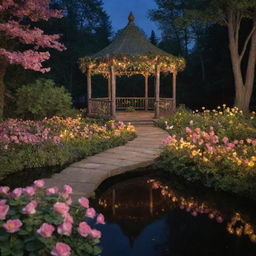 A fairy-tale scene reminiscent of a Disney movie depicting a naturally occurring path in a midnight forest leading to a flower-encrusted gazebo on a lake, surrounded by flowers and green bushes, all softly lit by pink and yellow lights in a strikingly dark setting.