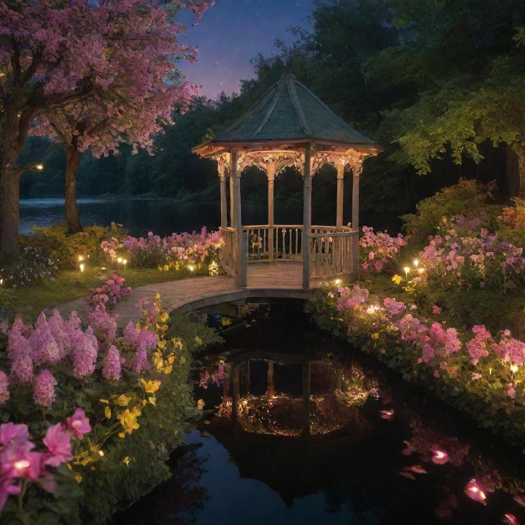 A fairy-tale scene reminiscent of a Disney movie depicting a naturally occurring path in a midnight forest leading to a flower-encrusted gazebo on a lake, surrounded by flowers and green bushes, all softly lit by pink and yellow lights in a strikingly dark setting.