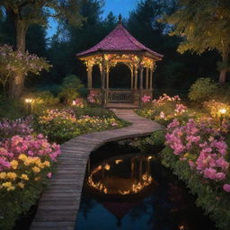 A fairy-tale scene reminiscent of a Disney movie depicting a naturally occurring path in a midnight forest leading to a flower-encrusted gazebo on a lake, surrounded by flowers and green bushes, all softly lit by pink and yellow lights in a strikingly dark setting.