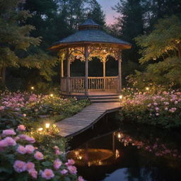 A fairy-tale scene reminiscent of a Disney movie depicting a naturally occurring path in a midnight forest leading to a flower-encrusted gazebo on a lake, surrounded by flowers and green bushes, all softly lit by pink and yellow lights in a strikingly dark setting.