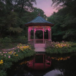 A Disney-esque scene at midnight in a forest: a gazebo adorned with flowers, standing in a lake. A natural, untouched earth path lined with green vegetation leads to the structure, all under a captivating blend of pink and yellow lights in the encompassing darkness.