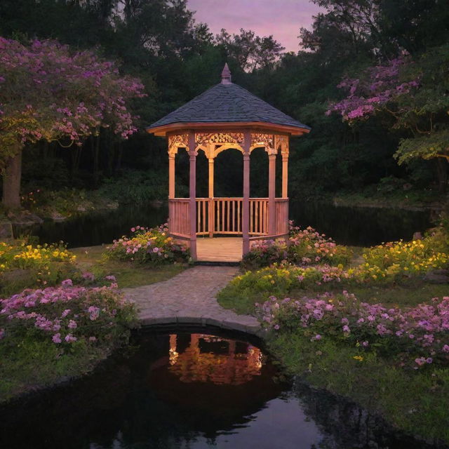 A Disney-esque scene at midnight in a forest: a gazebo adorned with flowers, standing in a lake. A natural, untouched earth path lined with green vegetation leads to the structure, all under a captivating blend of pink and yellow lights in the encompassing darkness.