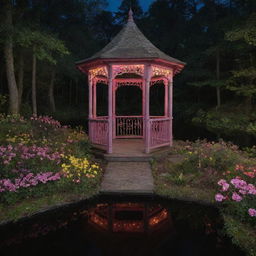 A Disney-esque scene at midnight in a forest: a gazebo adorned with flowers, standing in a lake. A natural, untouched earth path lined with green vegetation leads to the structure, all under a captivating blend of pink and yellow lights in the encompassing darkness.