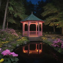 A Disney-esque scene at midnight in a forest: a gazebo adorned with flowers, standing in a lake. A natural, untouched earth path lined with green vegetation leads to the structure, all under a captivating blend of pink and yellow lights in the encompassing darkness.