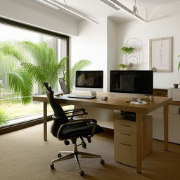 A modern and sleek office space with a blend of minimalistic and ergonomic furniture including a large wooden desk, comfortable office chair, stylish laptop, multiple monitors, indoor plants, and chic lighting fixtures.