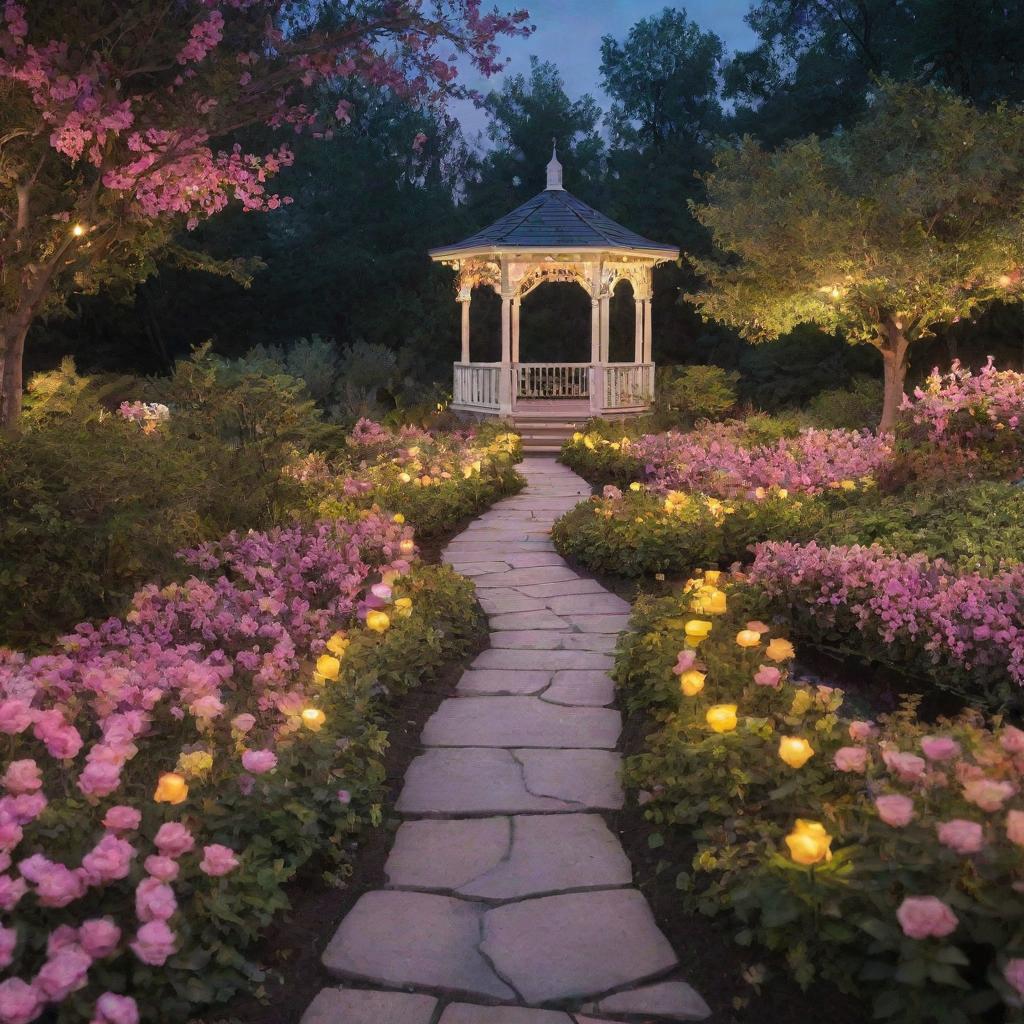 Immerse yourself in a Disney-inspired magical midnight scene in a forest: a nature-formed path leading to a flower-decked gazebo that sits serenely on a lake, surrounded by flowers and lush green bushes, under a bewitching blend of pink and yellow lights.