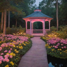 Immerse yourself in a Disney-inspired magical midnight scene in a forest: a nature-formed path leading to a flower-decked gazebo that sits serenely on a lake, surrounded by flowers and lush green bushes, under a bewitching blend of pink and yellow lights.