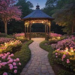 Immerse yourself in a Disney-inspired magical midnight scene in a forest: a nature-formed path leading to a flower-decked gazebo that sits serenely on a lake, surrounded by flowers and lush green bushes, under a bewitching blend of pink and yellow lights.