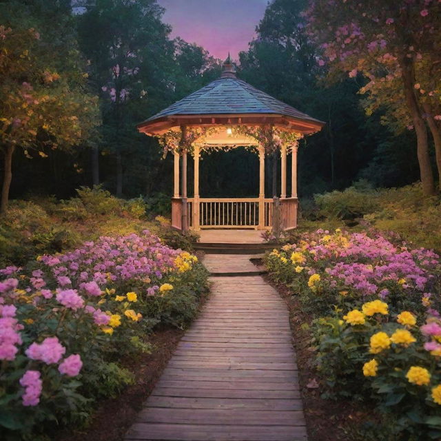 Immerse yourself in a Disney-inspired magical midnight scene in a forest: a nature-formed path leading to a flower-decked gazebo that sits serenely on a lake, surrounded by flowers and lush green bushes, under a bewitching blend of pink and yellow lights.