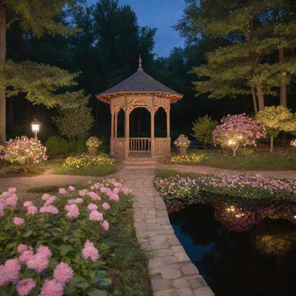 A Disney-like, magical midnight scene in the heart of the forest featuring a gazebo decorated with flowers on a lake shore. A natural earthen path flanked by green bushes and flowers guides to the gazebo, all under soft pink and yellow lights.