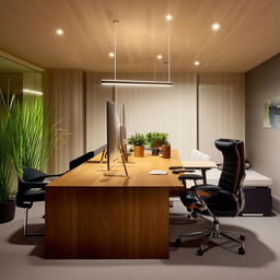 A modern and sleek office space with a blend of minimalistic and ergonomic furniture including a large wooden desk, comfortable office chair, stylish laptop, multiple monitors, indoor plants, and chic lighting fixtures.