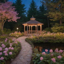 A Disney-like, magical midnight scene in the heart of the forest featuring a gazebo decorated with flowers on a lake shore. A natural earthen path flanked by green bushes and flowers guides to the gazebo, all under soft pink and yellow lights.