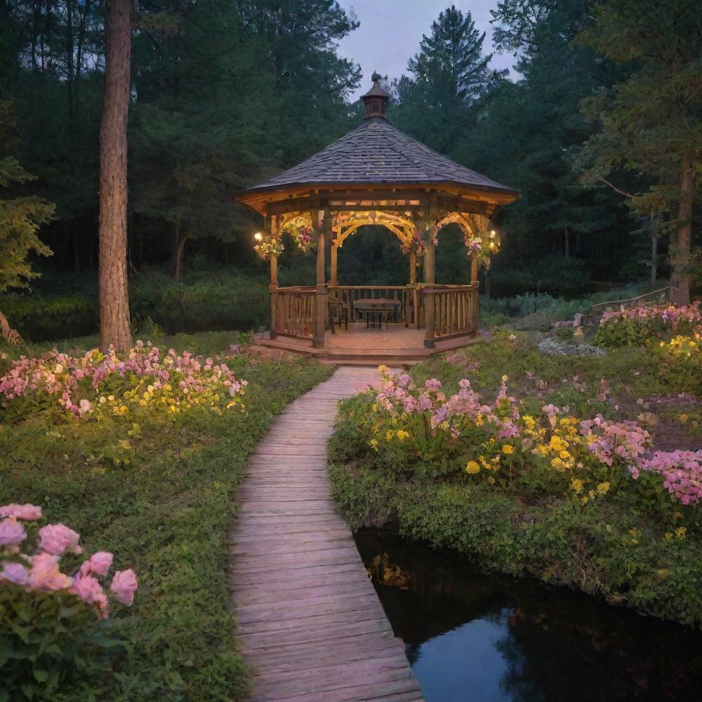 A Disney-like, magical midnight scene in the heart of the forest featuring a gazebo decorated with flowers on a lake shore. A natural earthen path flanked by green bushes and flowers guides to the gazebo, all under soft pink and yellow lights.