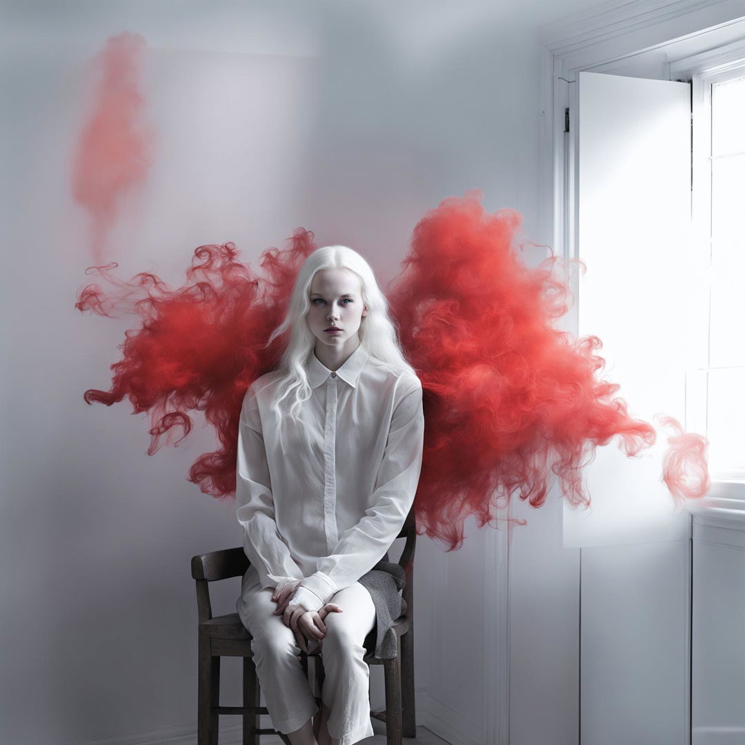 Albino girl in white shirt surrounded by eerie red smoke in a minimalist room under theatrical lighting.