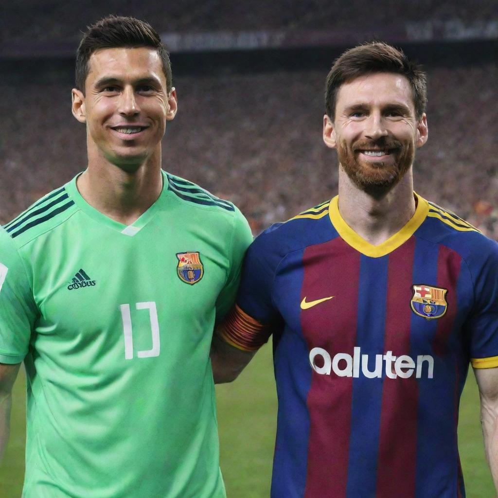 Cristiano Ronaldo and Lionel Messi standing side by side, smiling in their football team jerseys