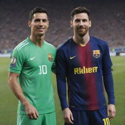 Cristiano Ronaldo and Lionel Messi standing side by side, smiling in their football team jerseys