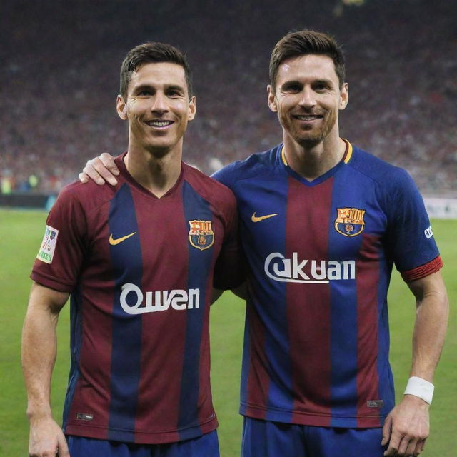 Cristiano Ronaldo and Lionel Messi standing side by side, smiling in their football team jerseys