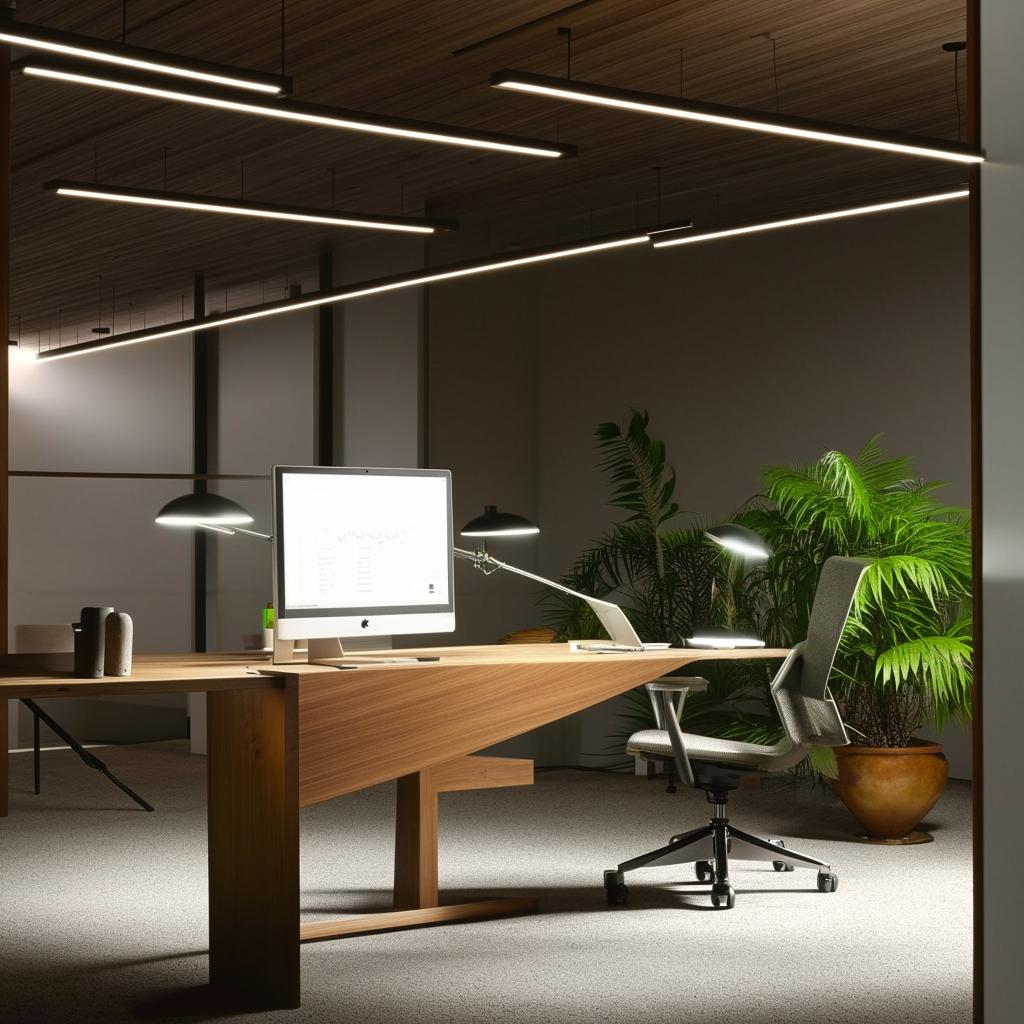 A modern and sleek office space with a blend of minimalistic and ergonomic furniture including a large wooden desk, comfortable office chair, stylish laptop, multiple monitors, indoor plants, and chic lighting fixtures.