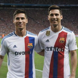 Cristiano Ronaldo and Lionel Messi standing side by side, smiling in their football team jerseys