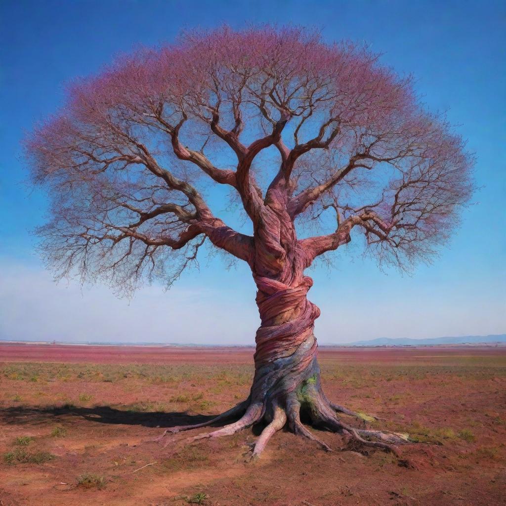 A visionary tree that defies the laws of nature, painted with surreal and artificial colors, twisted in peculiar shapes, embellishing an unearthly landscape.