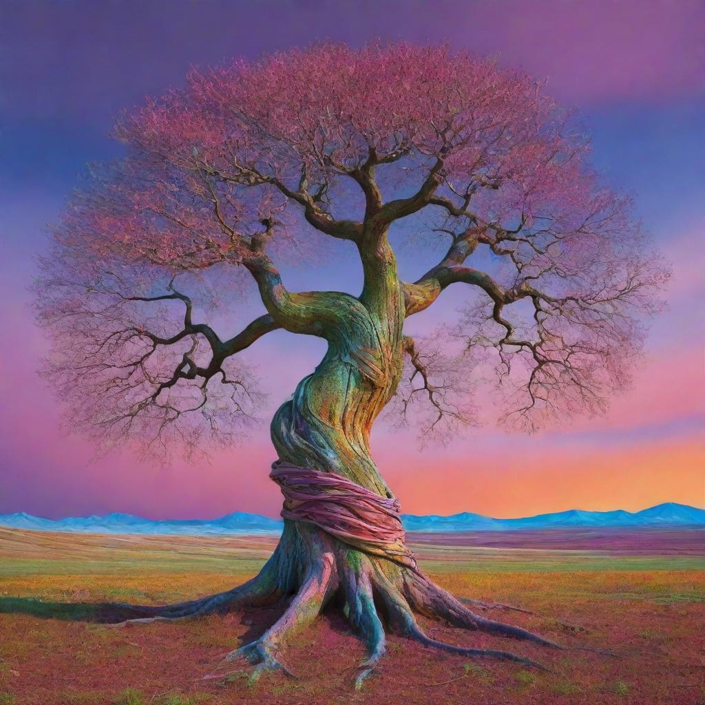 A visionary tree that defies the laws of nature, painted with surreal and artificial colors, twisted in peculiar shapes, embellishing an unearthly landscape.