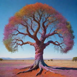 A visionary tree that defies the laws of nature, painted with surreal and artificial colors, twisted in peculiar shapes, embellishing an unearthly landscape.