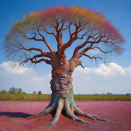 A visionary tree that defies the laws of nature, painted with surreal and artificial colors, twisted in peculiar shapes, embellishing an unearthly landscape.