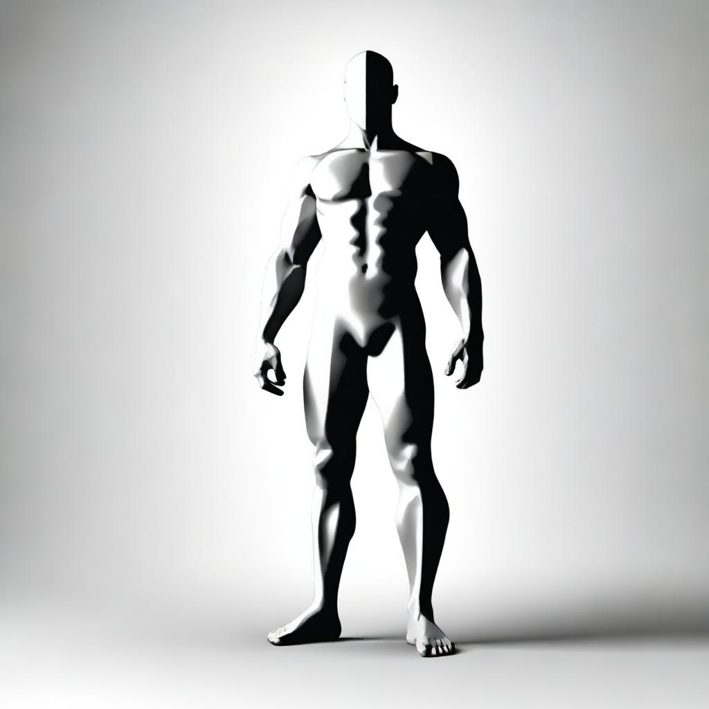 Generate an image of an anonymous, muscular, shirtless male figure standing in a heroic pose