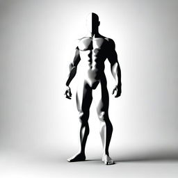 Generate an image of an anonymous, muscular, shirtless male figure standing in a heroic pose