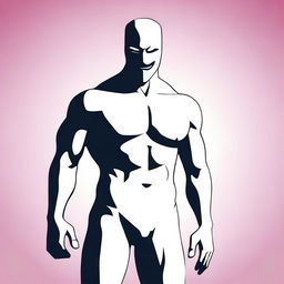 Generate an image of an anonymous, muscular, shirtless male figure standing in a heroic pose