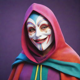 A joyful cartoon character donning a mysterious mask and a vibrant cloak.