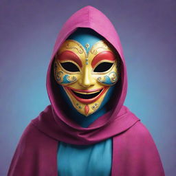 A joyful cartoon character donning a mysterious mask and a vibrant cloak.