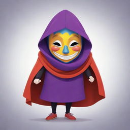 A joyful cartoon character donning a mysterious mask and a vibrant cloak.